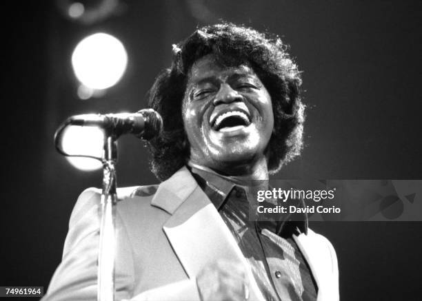 Singer and songwriter James Brown performs at the Hammersmith Odeon, London, England on May 23 1985.