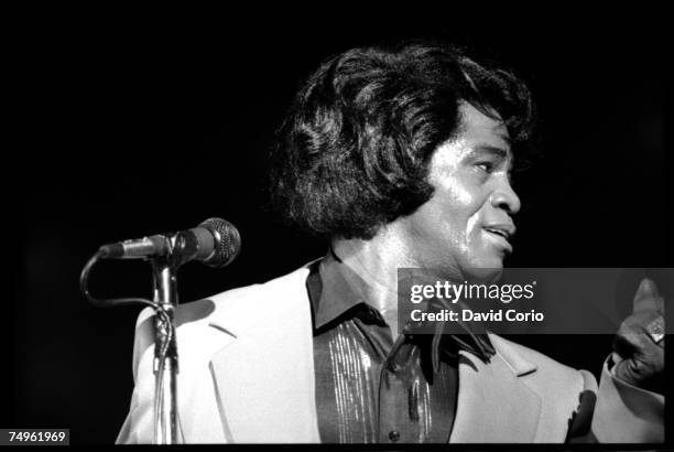 Singer and songwriter James Brown performs at the Hammersmith Odeon, London, England on May 23 1985.