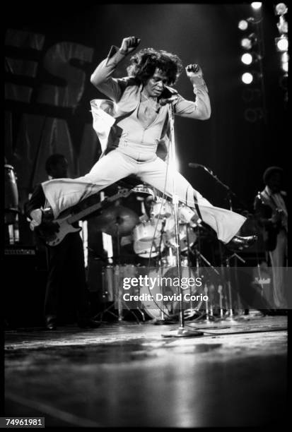 Singer and songwriter James Brown performs at the Hammersmith Odeon, London, England on May 23 1985.