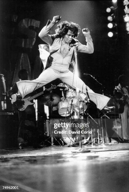 Singer and songwriter James Brown performs at the Hammersmith Odeon, London, England on May 23 1985.