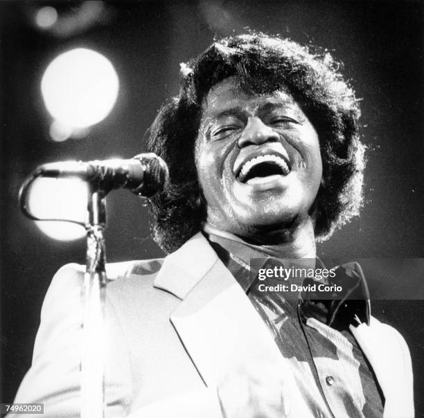 Singer and songwriter James Brown performs at the Hammersmith Odeon, London, England on May 23 1985.