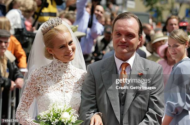 Prince Alexander zu Schaumburg Lippe and Nadja Anna Zsoeks leave the church after the wedding ceremony of Prince Alexander zu Schaumburg Lippe and...