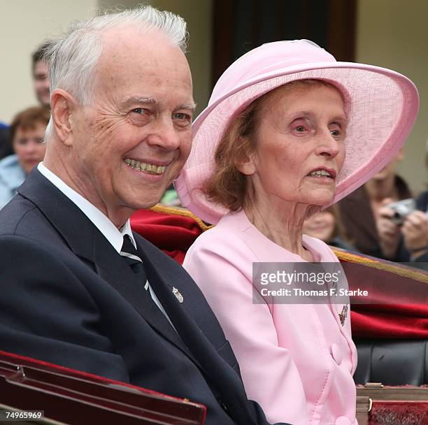 Grooms mother Princess Benita zu Schaumburg-Lippe and ex minister president of Lower Saxony Dr. Ernst Albrecht attend the wedding ceremony of Prince...