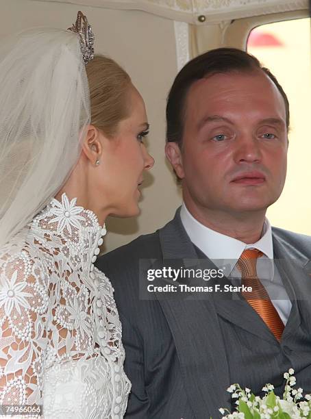 Prince Alexander zu Schaumburg Lippe and his bride Nadja Anna Zsoeks leave the church after the wedding ceremony of Prince Alexander zu Schaumburg...