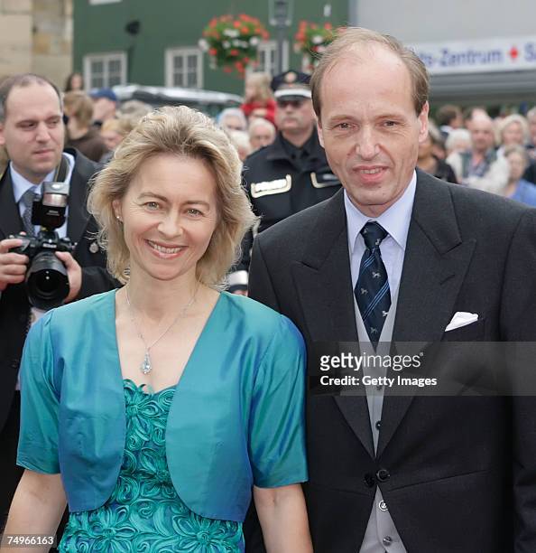 German family minister Dr. Ursula von der Leyen and her husband Prof. Dr. Heiko von der Leyen attend the wedding ceremony of Prince Alexander zu...