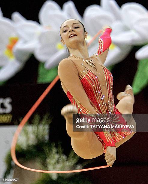 Ukraine's Anna Bessonova performs with the rope 30 June 2007 during a group A event at the 23rd European Rythmic gymnastics championship in Baku. The...
