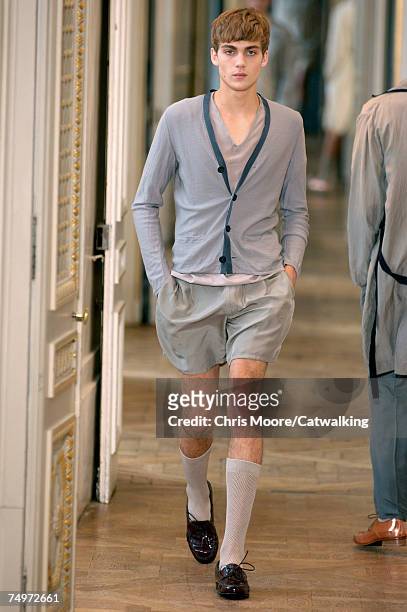 Model walks the catwalk during the Lanvin fashion show as part of Spring Summer 2008 Paris Menswear fashion week on July 1, 2007 in Paris, France.