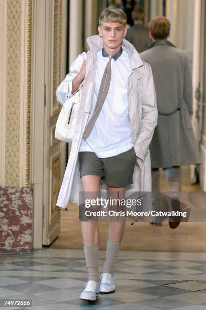 Model walks the catwalk during the Lanvin fashion show as part of Spring Summer 2008 Paris Menswear fashion week on July 1, 2007 in Paris, France.