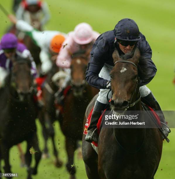 Seamus Hefferman and Soldier Of Fortune land The Budweiser Irish Derby Race run at The Curragh Racecourse on July 1 in The Curragh,Ireland.