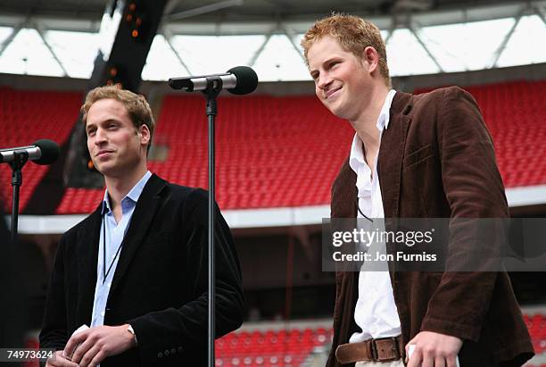 Prince William and HRH Prince Harry on stage during the Concert For Diana held at Wembley Stadium on July 1, 2007 in London, England. The concert...
