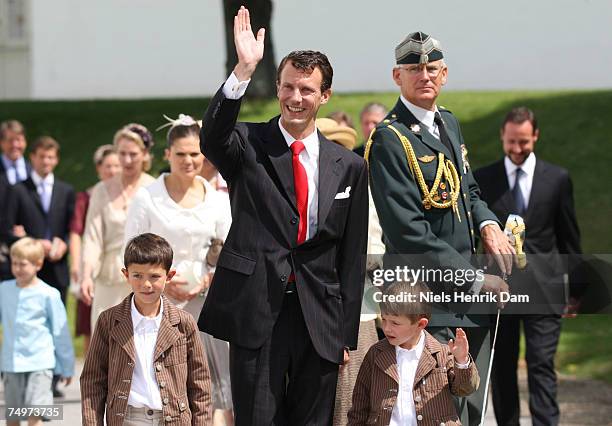 Prince Joachim of Denmark arrives at the Fredensborg Palace Church for the christening of Princess Mary of Denmark and Prince Frederik of Denmark's...