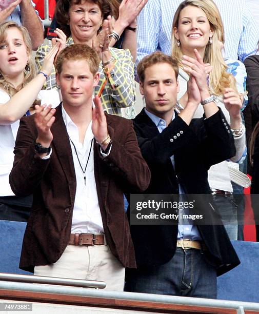 Their Royal Highnesses Prince William and Prince Harry watch the Concert for Diana at Wembley Stadium on July 1, 2007 in London, England. The Concert...