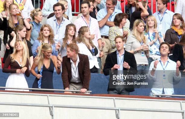 Chelsy Davy, HRH Prince Harry and HRH Prince William during The Concert For Diana held at Wembley Stadium on July 1, 2007 in London. The concert...