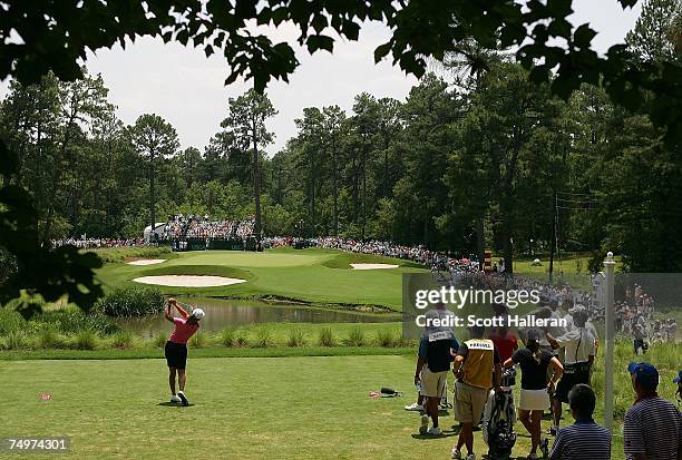 Lorena Ochoa of Mexico hits her tee shot on the third hole during the final round of the U.S. Women's Open Championship at Pine Needles Lodge & Golf...