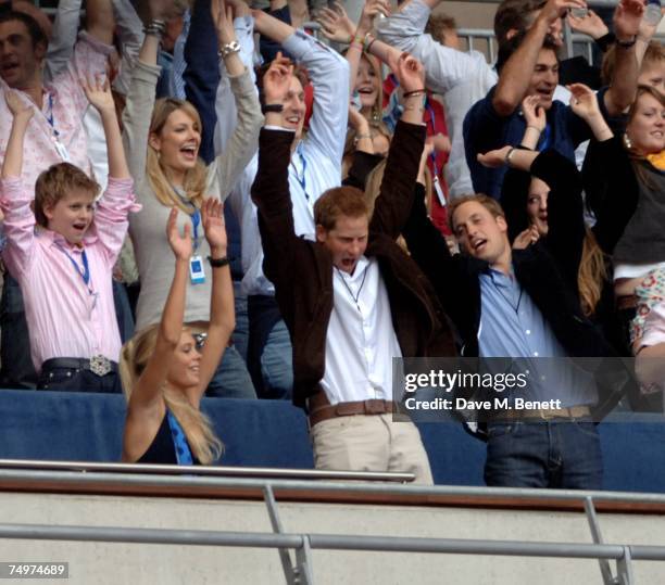 Chelsy Davy, Prince Harry and Prince William attend the Concert For Diana, at Wembley Stadium on July 1, 2007 in London, England. The concert will...