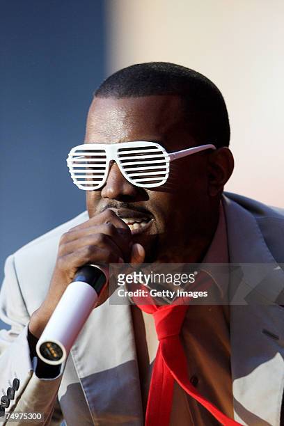 Kanye West performs on stage at the Concert for Diana at Wembley Stadium on July 1, 2007 in London, England. The Concert falls on the date that would...