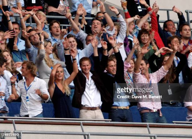 Chelsy Davy, Prince Harry and Prince William attend the Concert For Diana, at Wembley Stadium July 1, 2007 in London, England. The concert marks the...