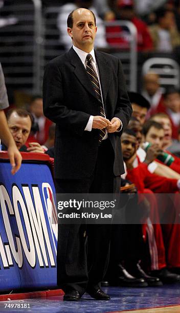 Houston Rockets coach Jeff Van Gundy during 92-87 victory over the Los Angeles Clippers in NBA game at the Staples Center in Los Angeles, Calif. On...