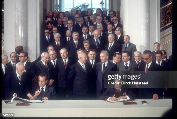 President Richard Nixon and Russian leader Leonid Brezhnev signs treaty May 26, 1972 in the Kremlin in Moscow, Russia. Brezhnev and Nixon signed the...