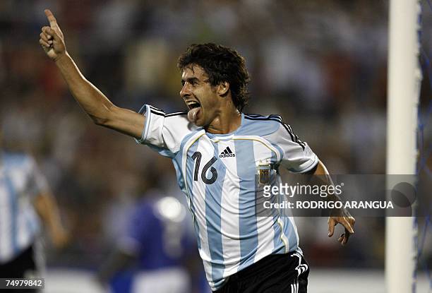 Argentine midfielder Pablo Aimar celebrates after scoring the third goal against the United States during the group C football match of Copa America...