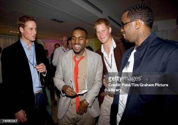 Prince William and Prince Harry meet P Diddy and Kanye West at the after concert party the Princes hosted to thank all who took part in the 'Concert...