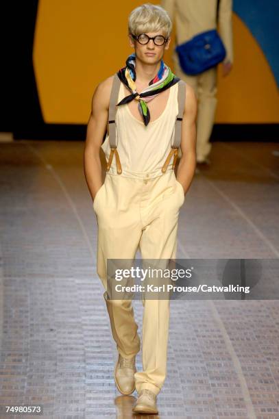 Model walks the catwalk during the Paul Smith fashion show as part of Spring Summer 2008 Paris Menswear fashion week on July 1, 2007 in Paris, France.