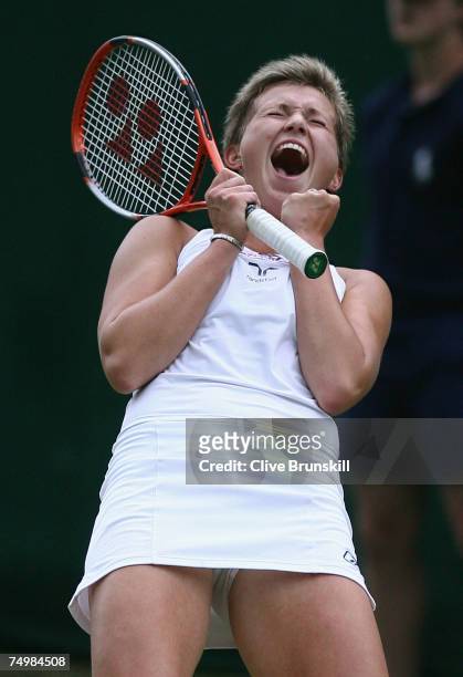 Michaella Krajicek of the Netherlands reacts as she is victorious during her Women's Singles fourth round match against Laura Granville of USA during...
