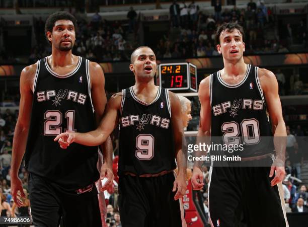 San Antonio's Tim Duncan, Tony Parker, and Manu Ginobili during a game against the the Chicago Bulls at the United Center in Chicago, Illinois on...