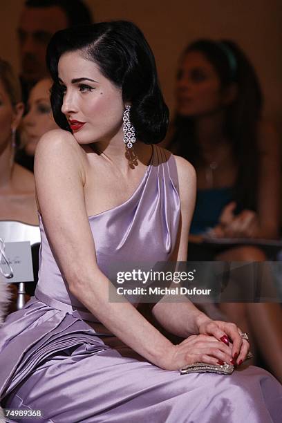 Burlesque performer and model Dita von Teese attends the Christian Dior Fashion show, during Paris Haute Couture Fashion Week Fall/Winter 2007-08 at...