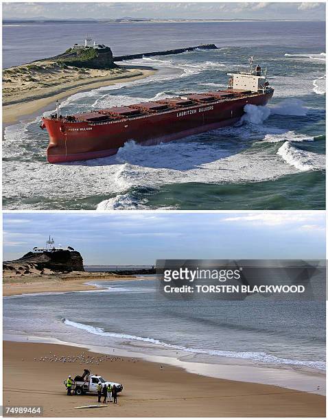 This combo photo shows a file photo taken 11 June 2007, of the massive 40,000-tonne coal carrier the Pasha Bulker after having run aground at Nobbys...