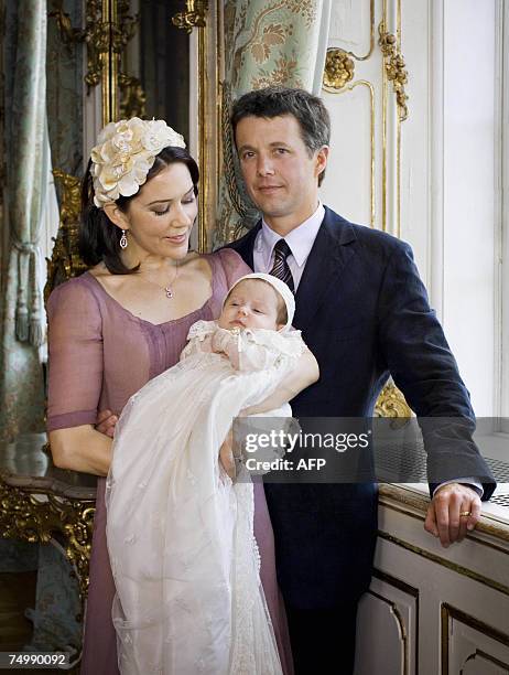 Danish Crown Princess Mary , her spouse, Crown Prince Frederik pose with their daughter Princess Isabella Henrietta Ingrid Margrethe 01 July 2007...