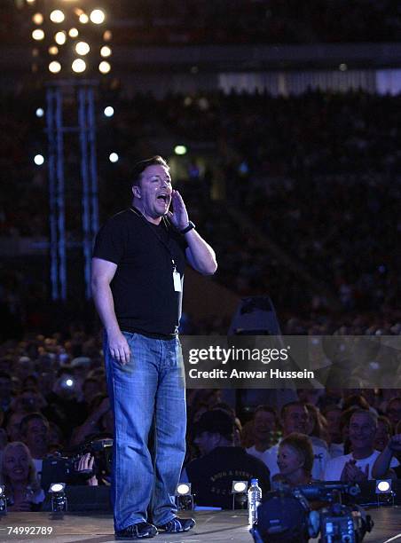 Comedian Ricky Gervais performs at The Concert for Diana at Wembley Stadium on July 1, 2007 in London, England.