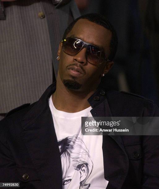 Diddy looks on the front of the stage at The Concert for Diana at Wembley Stadium on July 1, 2007 in London, England.