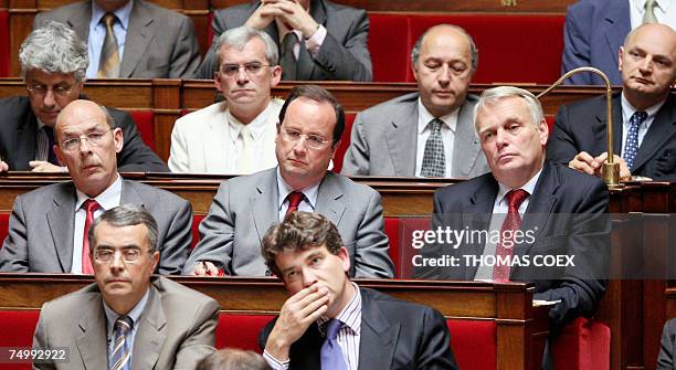 French socialist deputies, from L to R, top row Philippe Martin, Jean-Claude Perez, Laurent Fabius, Didier Migaud, middle row, Bernard Roman, French...