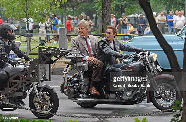 Harrison Ford stunt double and Shia LaBeouf stunt double riding a motorcycle during filming of the latest "Indiana Jones" movie at Yale University...