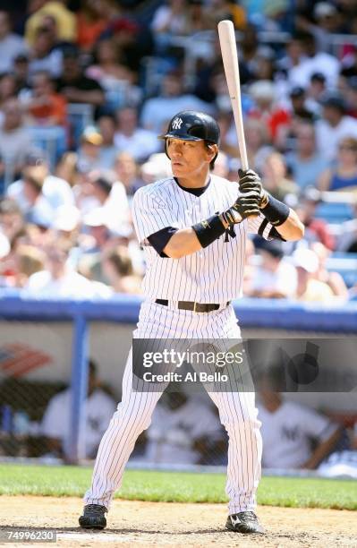 Hideki Matsui of the New York Yankees stands ready at bat against the Oakland Athletics during the game at Yankee Stadium on June 30, 2007 in the...