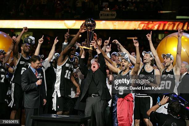 San Antonio Spurs owner Peter Holt celebrates with his team after defeating the Cleveland Cavaliers in Game Four of the NBA Finals at the Quicken...