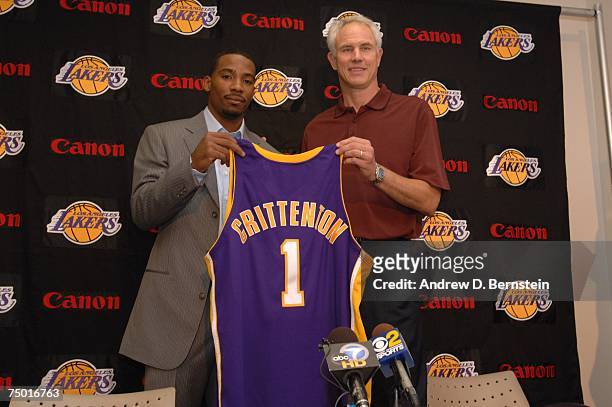 General Manager Mitch Kupchak and Javaris Crittenton of the Los Angeles Lakers at a press conference held at Toyota Training Center on July 3, 2007...
