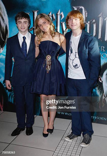 Daniel Radcliffe, Emma Watson and Rupert Grint attend the "Harry Potter And The Order Of The Phoenix" UK premiere held at the Odeon Leicester Square...