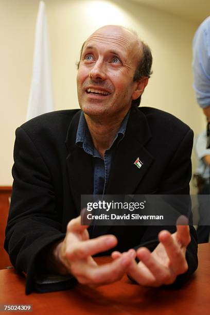 Correspondent Alan Johnston talks during a press conference after crossing from the Gaza Strip July 4, 2007 at the Erez Crossing in Israel. Johnston...