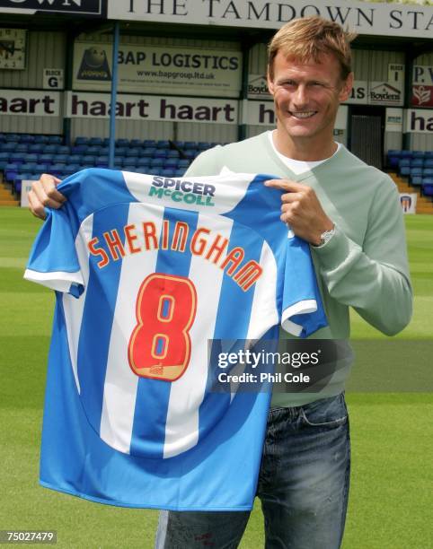 Teddy Sheringham poses as it is announced he is joining Colchester United during a Press Conferance at the Layer Road ground on July 04, 2007 in...