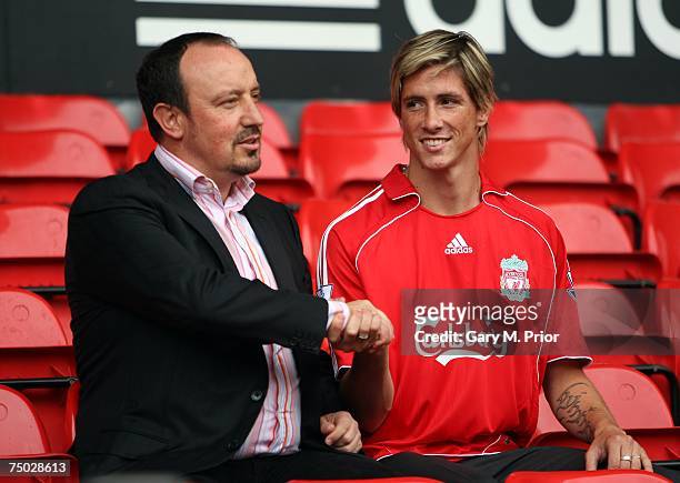 Liverpool manager Rafael Benitez unveils new signing Fernando Torres at a press conference held at Anfield on July 4, 2007 in Liverpool, England.