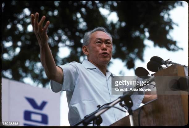 Prime Minister of Singapore Lee Kuan Yew addresses supporters during a political rally in Fullerton Square, Singapore, 18th December 1984.