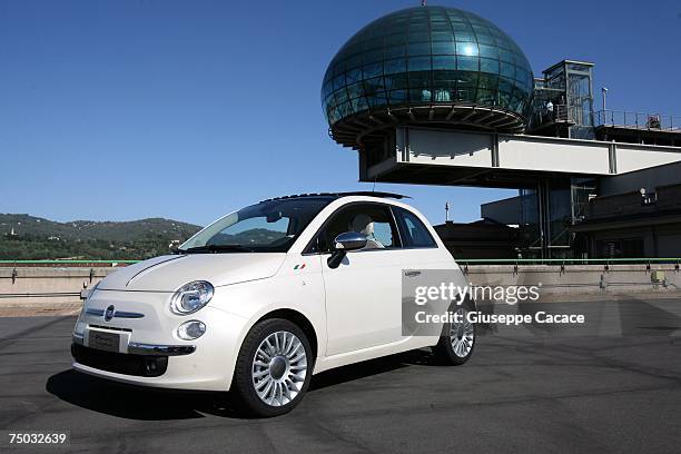 The new Fiat 500 car is on display at the Lingotto testing circuit after a presentation to the Italian Prime Minister on July 04, 2007 in Turin,...