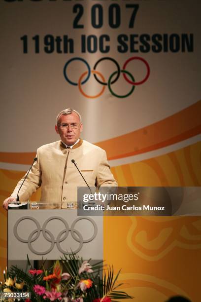 Austrian Prime Minister Alfred Gusenbauer delivers a speech during the presentation that selected the Russian city of Sochi as the site of the 2014...