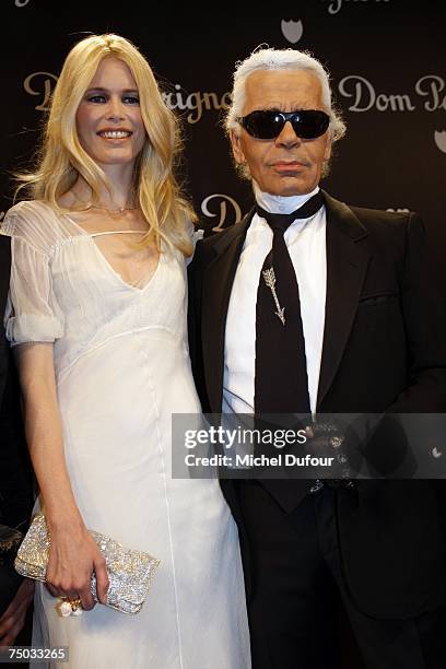 Model Claudia Schiffer and designer Karl Lagerfeld attends the Karl Lagerfeld party hosted by Dom Perignon at Lagerfeld's home on July 4, 2007 in...