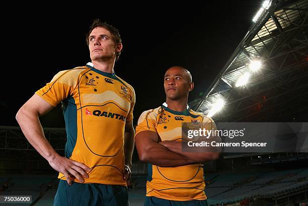 Stephen Larkham and George Gregan pose during the Australian Wallabies Captain's Run at Telstra Stadium July 5, 2007 in Sydney, Australia. Gregan, a...