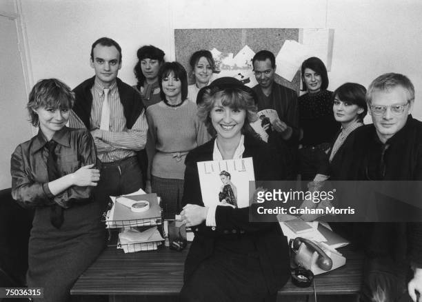 Tina Brown , editor of Tatler magazine, with the rest of the publication's staff at their Mayfair office, 15th November 1979.