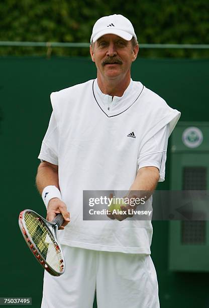 Stan Smith of USA looks on during the Senior Gentleman's Invitational Doubles match against Jeremy Bates of Great Britain and Anders Jarryd of Sweden...