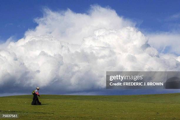 This 10 August 2002 file photo shows a semi-nomadic Tibetan herdswoman making her way across grasslands as hovering clouds pass on the outskirts of...